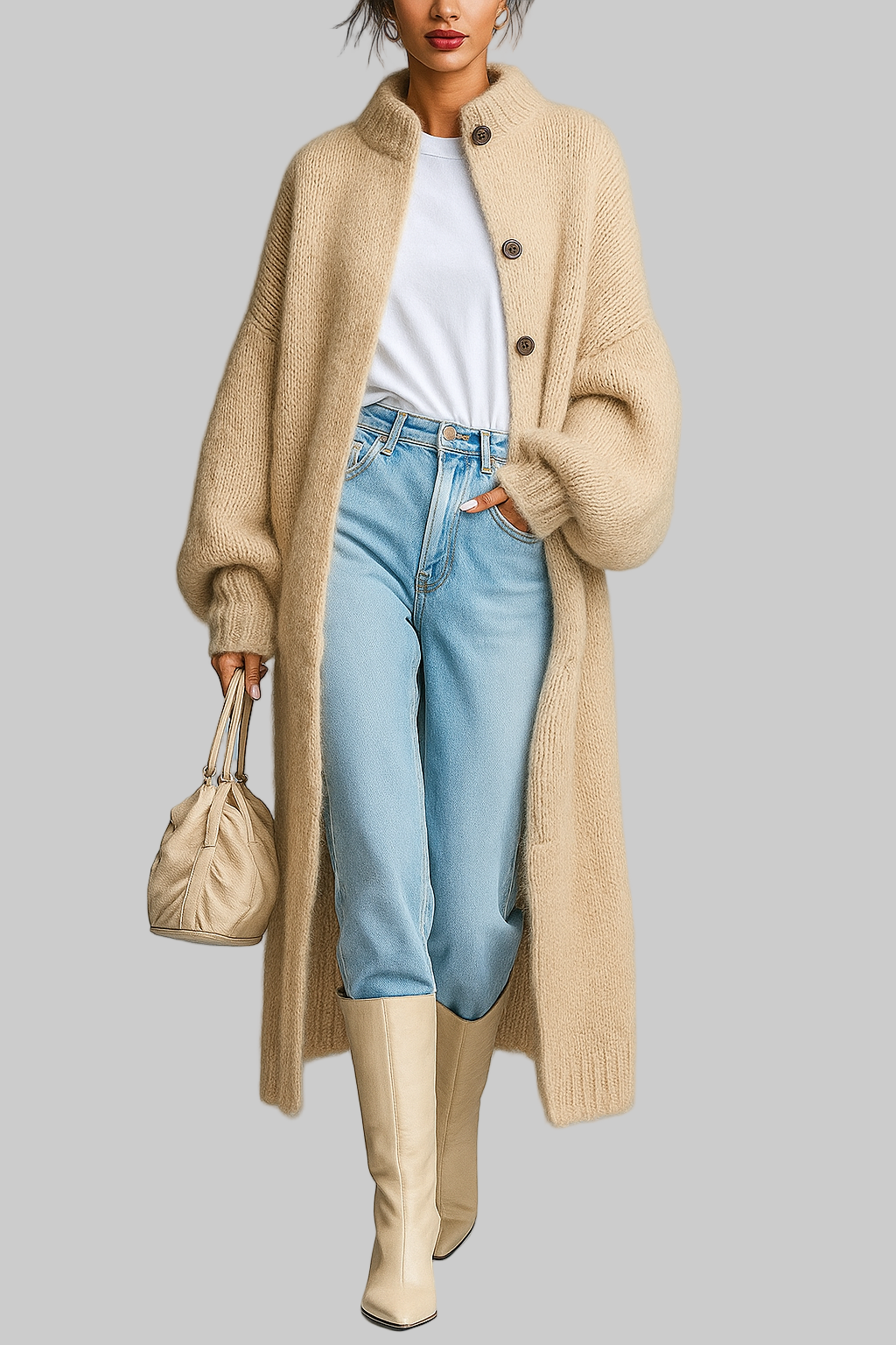 Aveline – Warme lange Strickjacke für Damen mit Faltenkragen – Ansicht 4