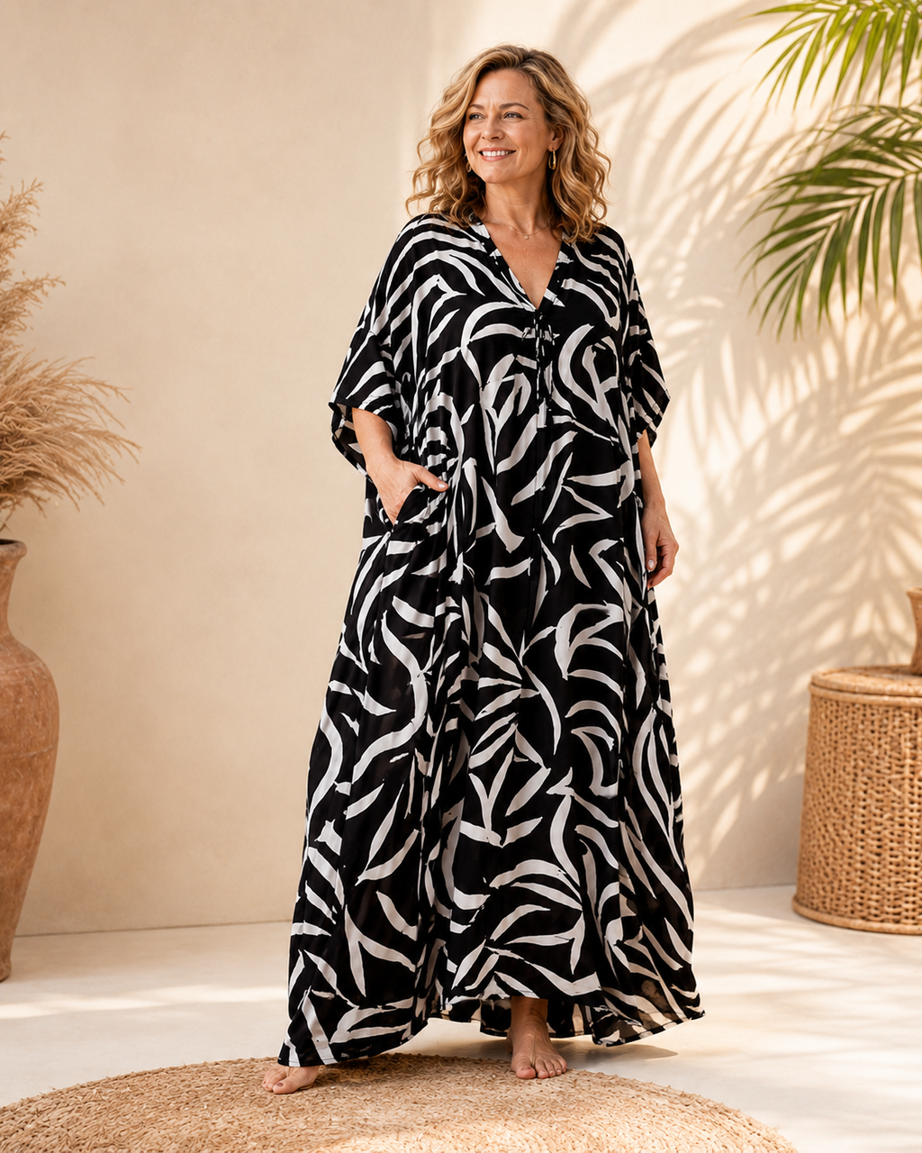 Boho Kaftan Kleid aus Rayon – Schwarz Weiß Tribal Waves