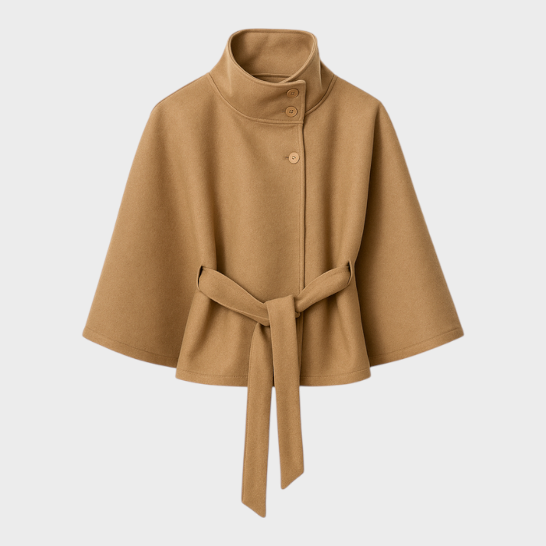 Shayla – Kamelfarbenes Cape mit hohem Kragen und Gürtel