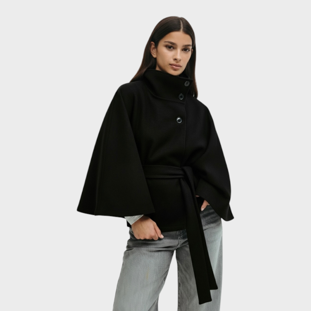 Shayla – Kamelfarbenes Cape mit hohem Kragen und Gürtel – Ansicht 5