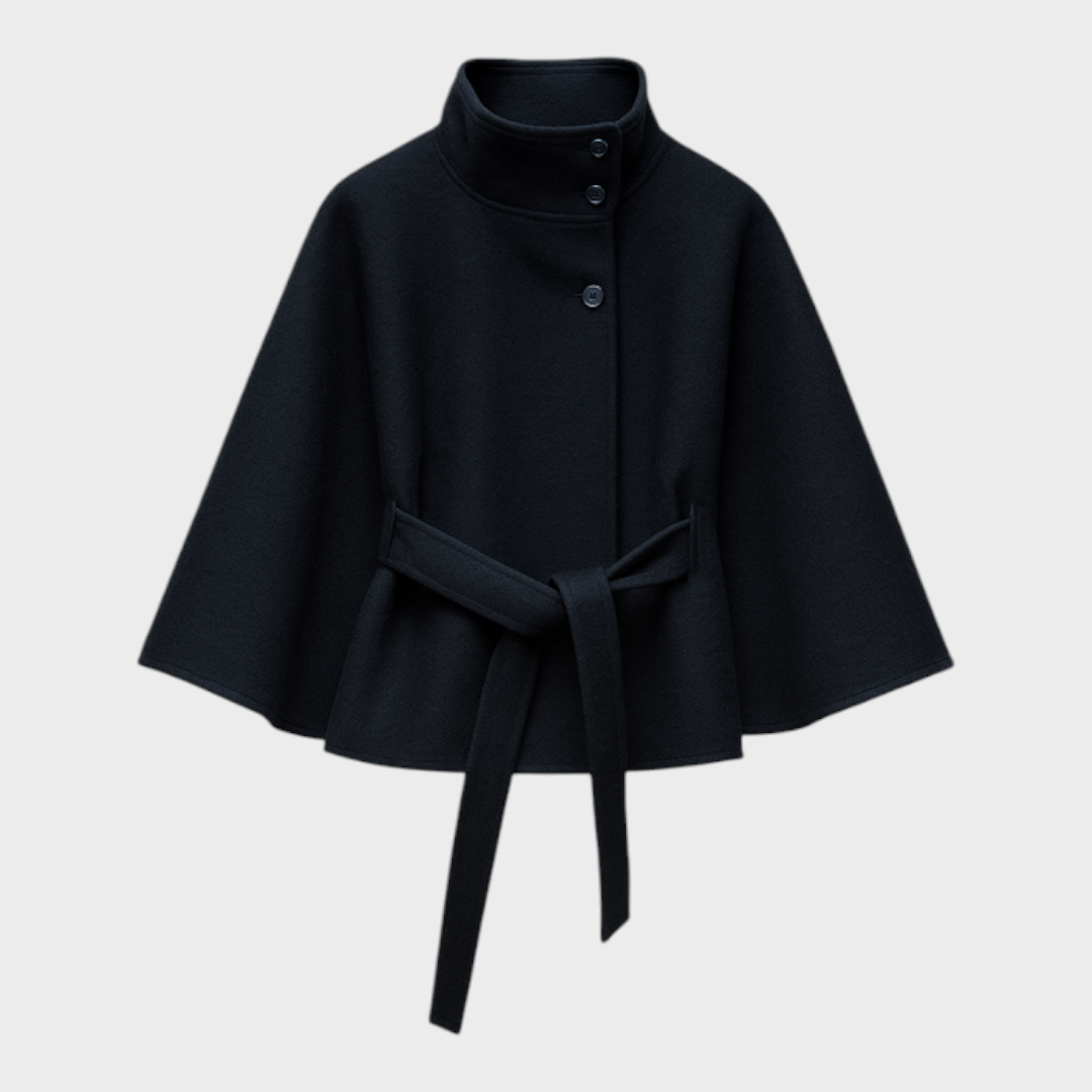 Shayla – Kamelfarbenes Cape mit hohem Kragen und Gürtel – Ansicht 3