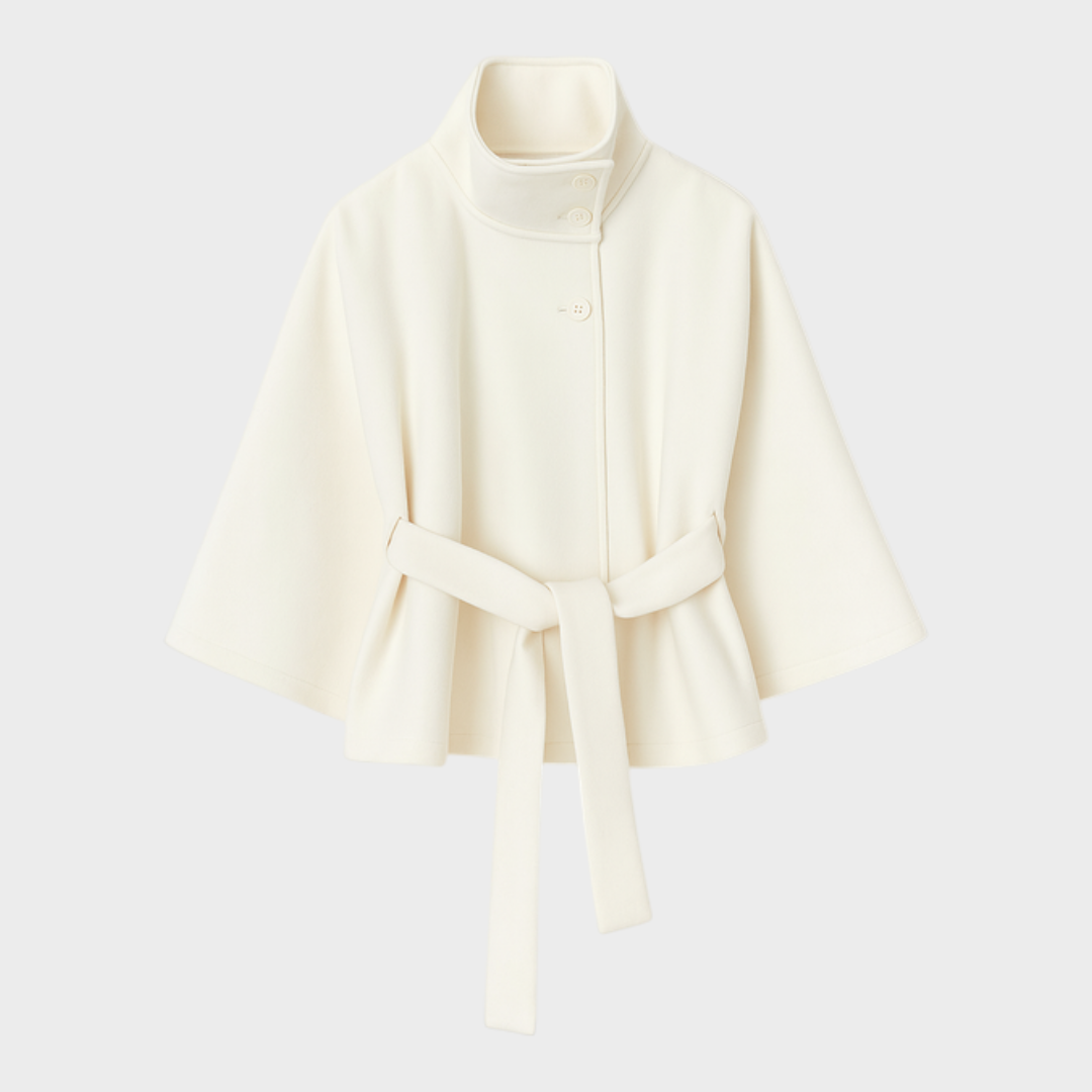Shayla – Kamelfarbenes Cape mit hohem Kragen und Gürtel – Ansicht 4