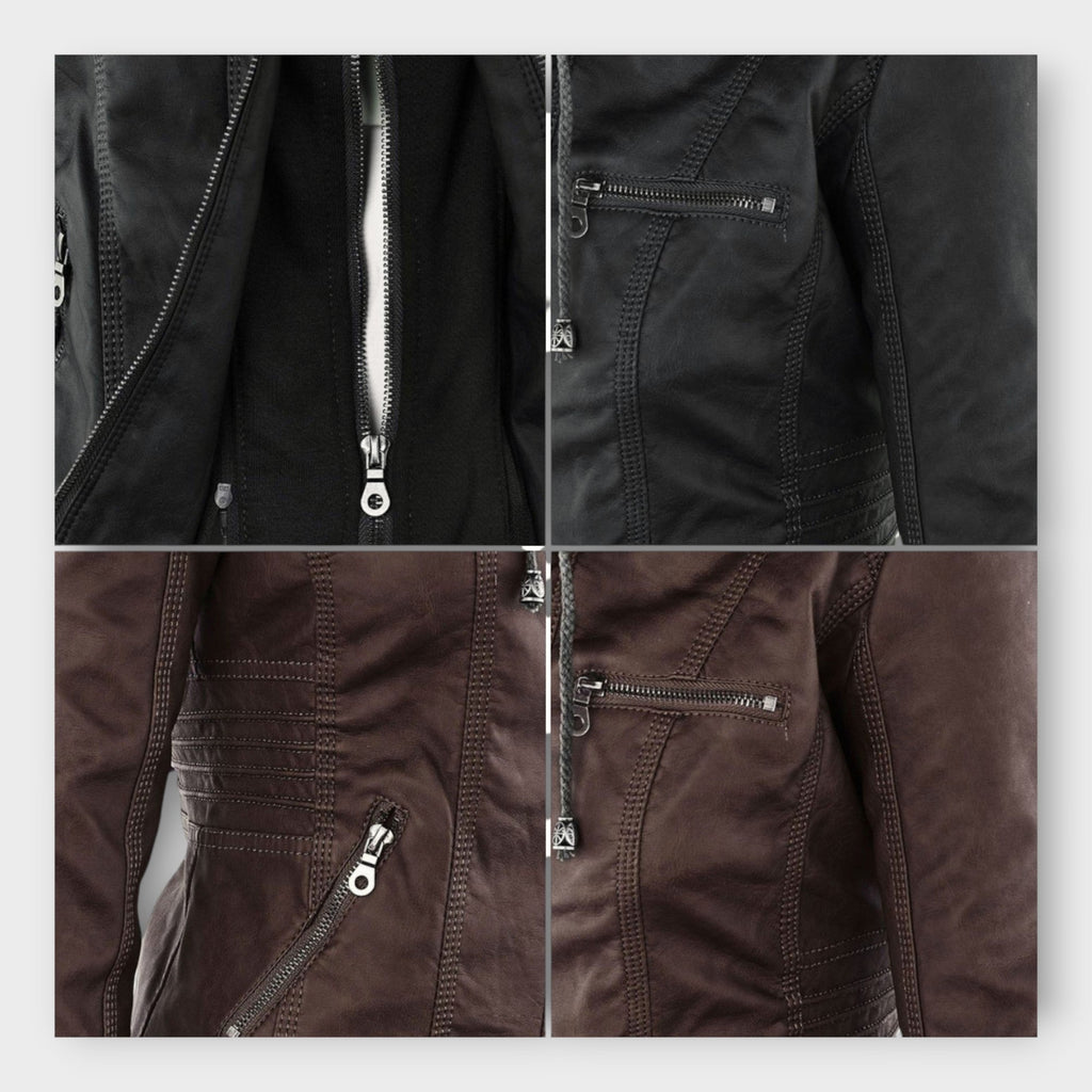 Moderne Lederjacke mit Kapuze und zeitloser Linienführung