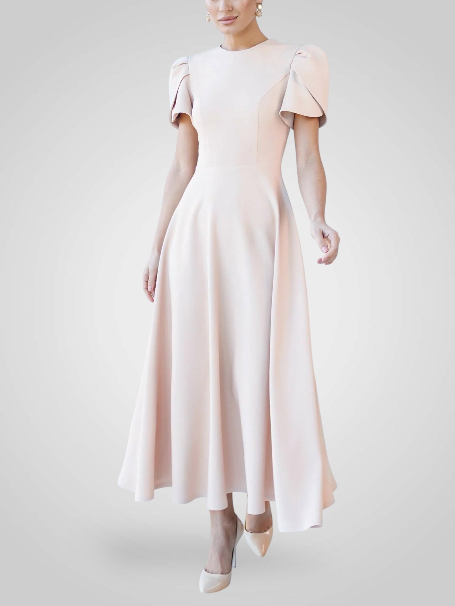 Midikleid für Damen in A-Linie mit hohem Kragen und Puffärmeln – Ansicht 5