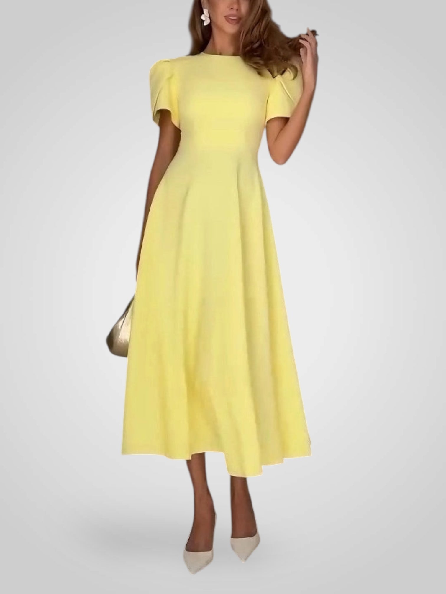 Midikleid für Damen in A-Linie mit hohem Kragen und Puffärmeln – Ansicht 3