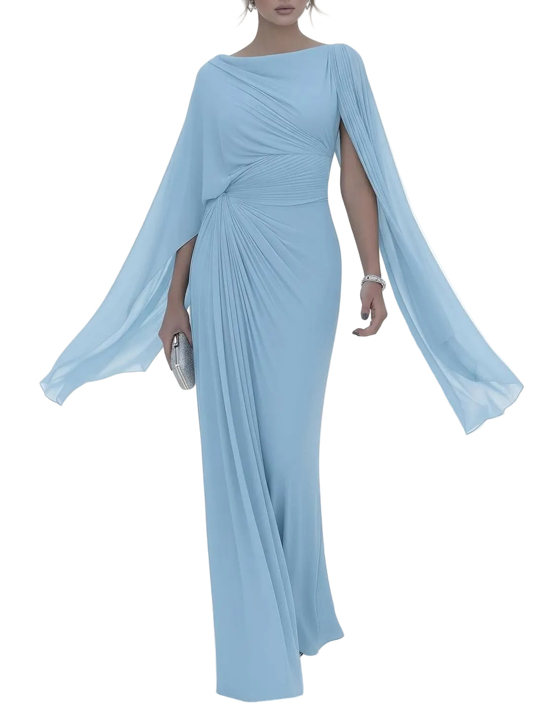 Helga – Schwarzes Maxikleid mit Cape-Ärmeln und drapierter Taille