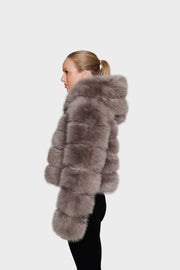 Lumina – Aschbraune Damen-Kunstpelzjacke mit Kapuze – Ansicht 5