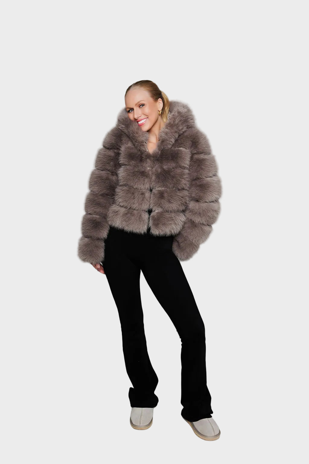 Lumina – Aschbraune Damen-Kunstpelzjacke mit Kapuze – Ansicht 8