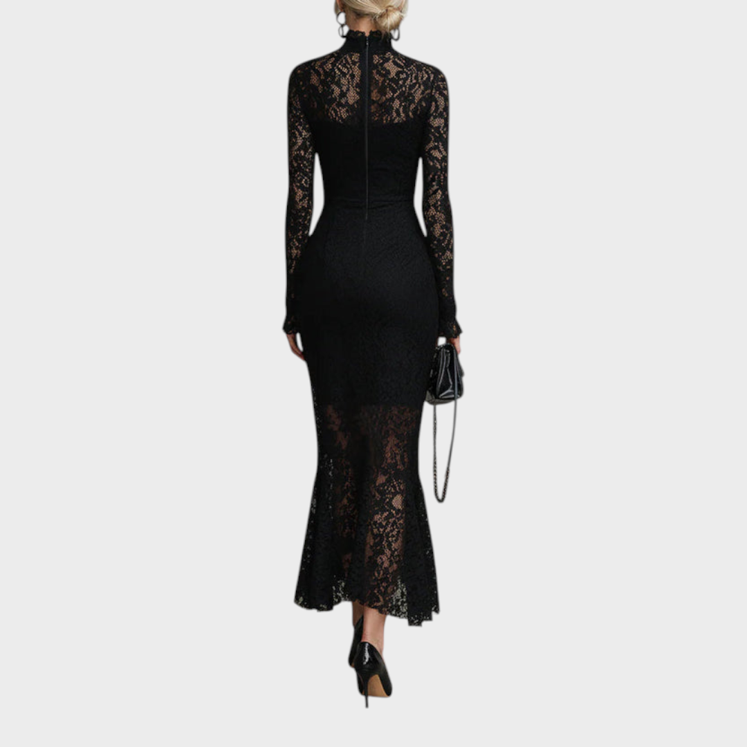 Fern – Schwarzes Spitzenkleid mit Meerjungfrauensaum – Ansicht 2