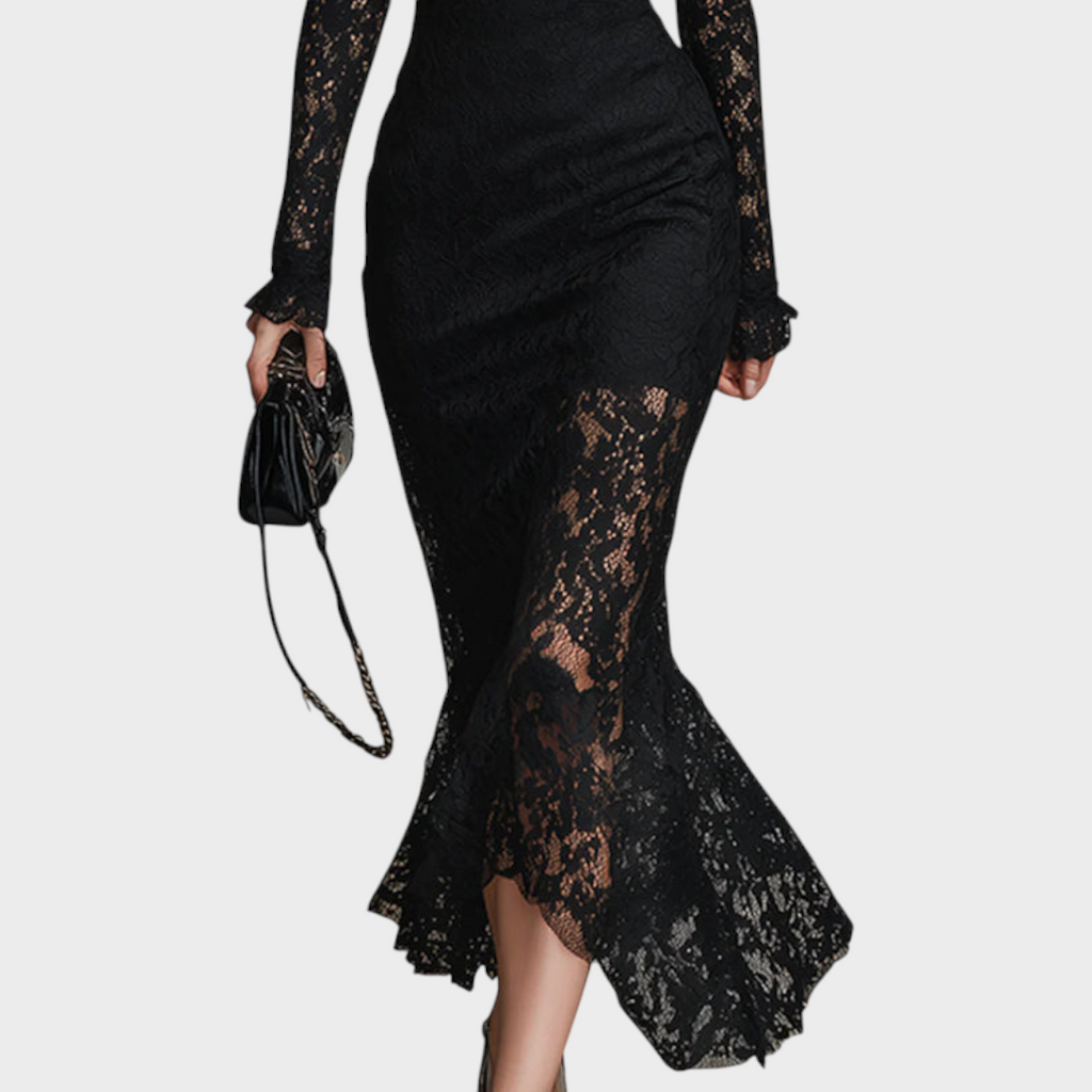 Fern | Elegantes schwarzes Maxikleid aus elastischer Spitze mit Meerjungfrauenschnitt