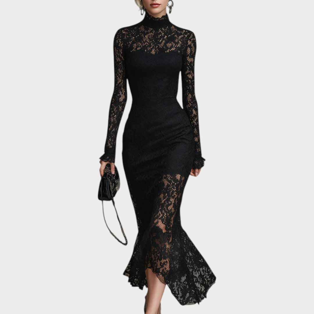 Fern – Schwarzes Spitzenkleid mit Meerjungfrauensaum