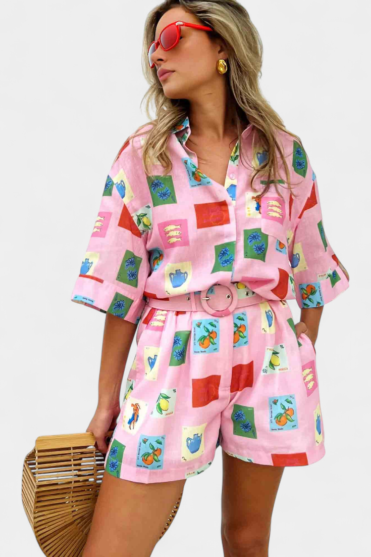 Damen-Set Mariluz mit rosa bedrucktem Hemd und Shorts – Ansicht 3