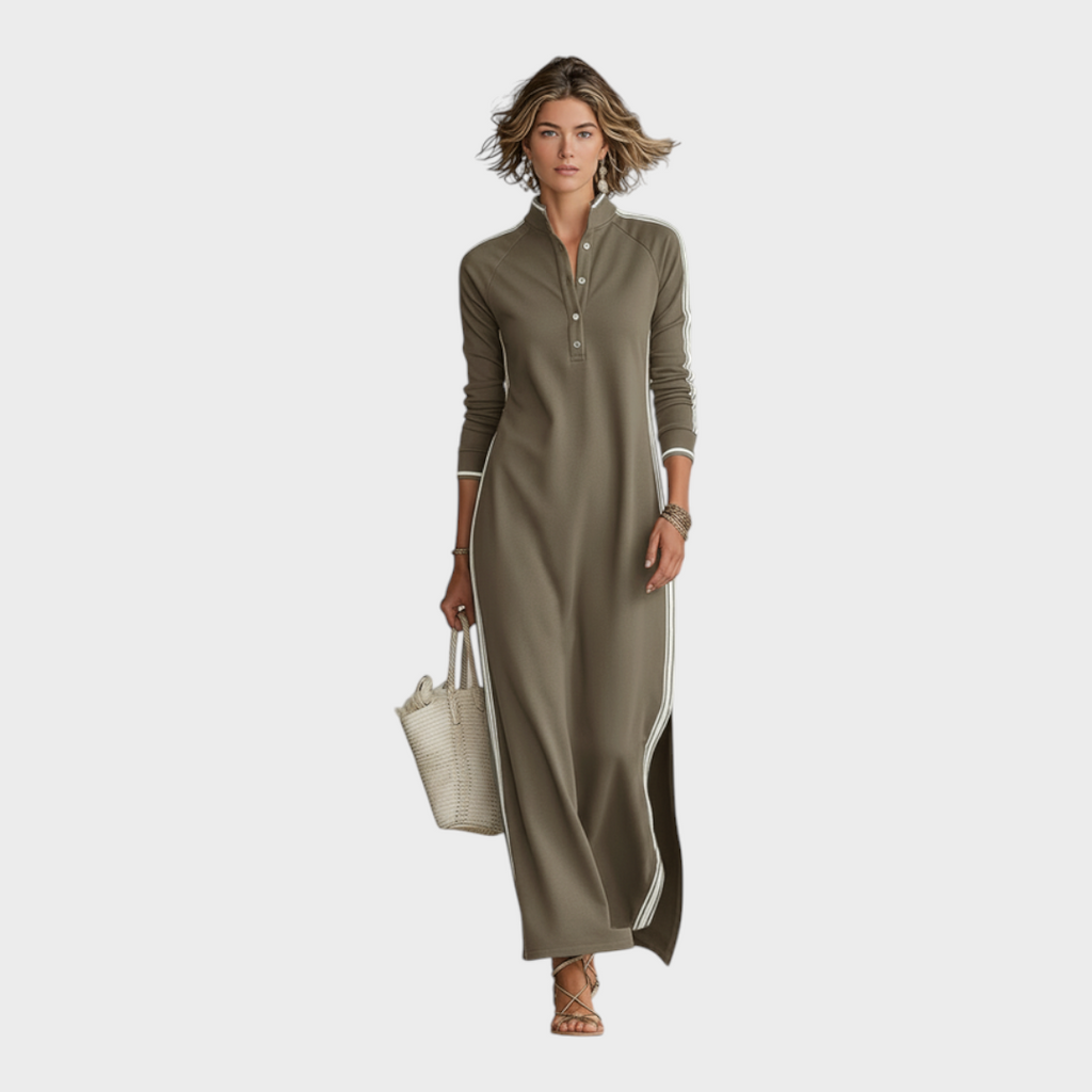 Jenalie | Minimalistisches Maxikleid mit Bluse, weißen Details und Knöpfen
