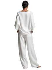 Chloe – Weißes Leinen-Set für Damen mit Oversize-Bluse mit Fledermausärmeln und weiter Hose – Ansicht 2