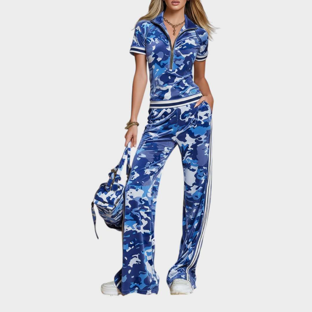 Angelique | Retro-Samt-Top und Hosen-Set mit Farbstrategie und Camouflage-Nähten