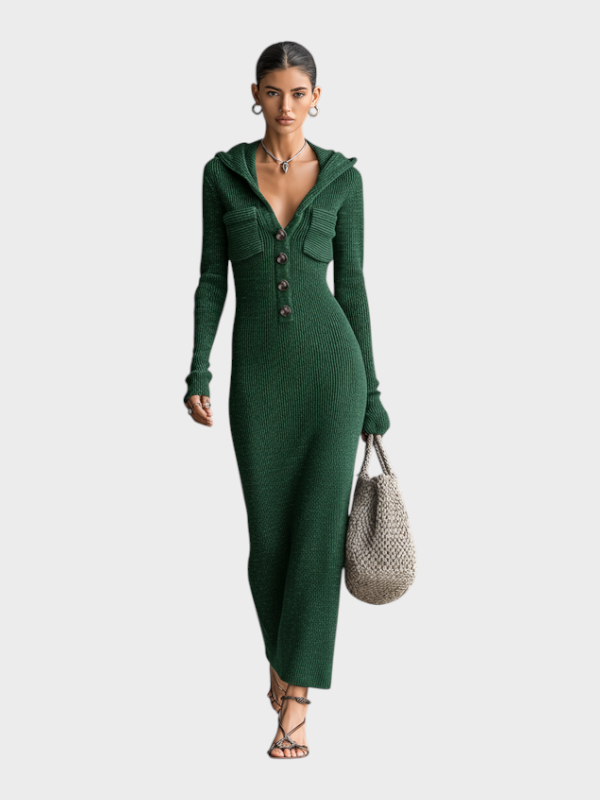 Akesha – Langes tailliertes Damenkleid mit Kapuze – Ansicht 3