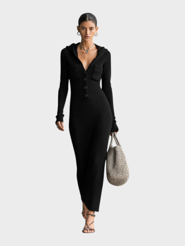Akesha – Langes tailliertes Damenkleid mit Kapuze – Ansicht 4