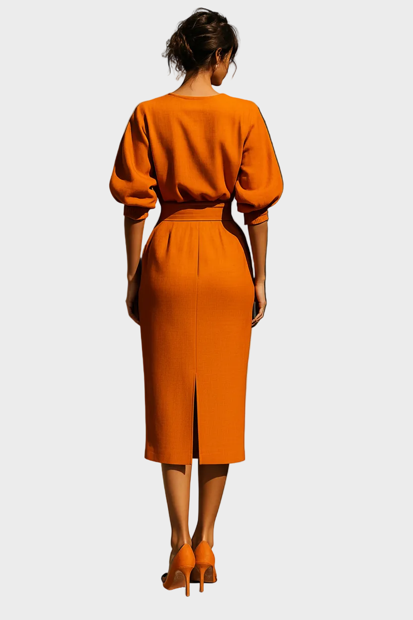 Bianca – Damen-Set mit orangefarbener Bluse und Midirock – Ansicht 4