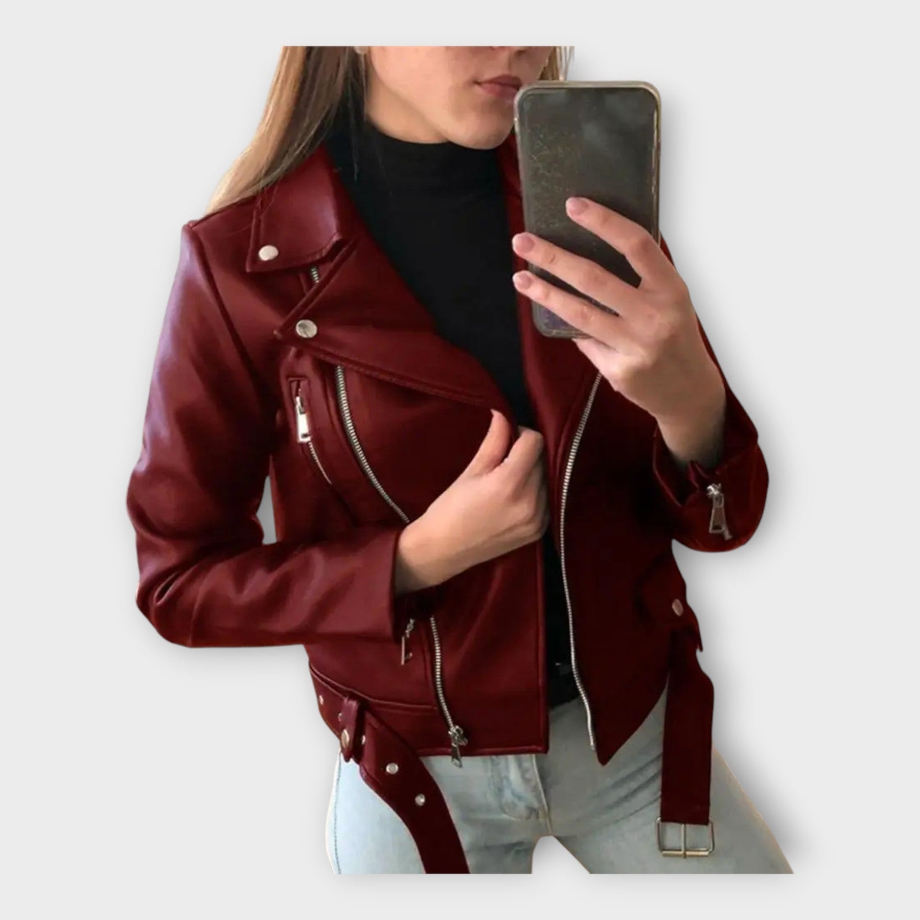Elisa – Moderne Lederjacke für Damen mit Gürtel und Reißverschluss