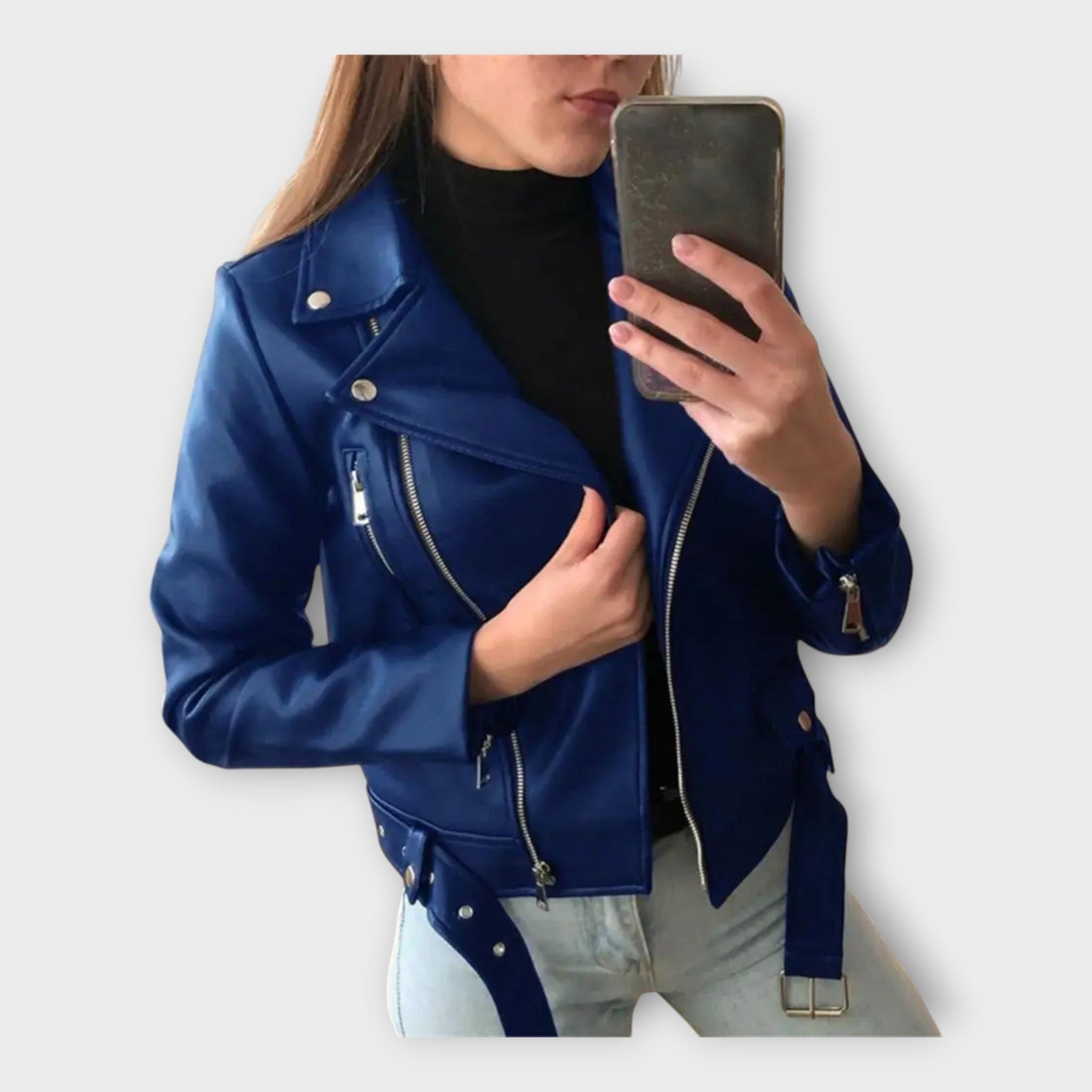 Elisa – Moderne Lederjacke für Damen mit Gürtel und Reißverschluss – Ansicht 2