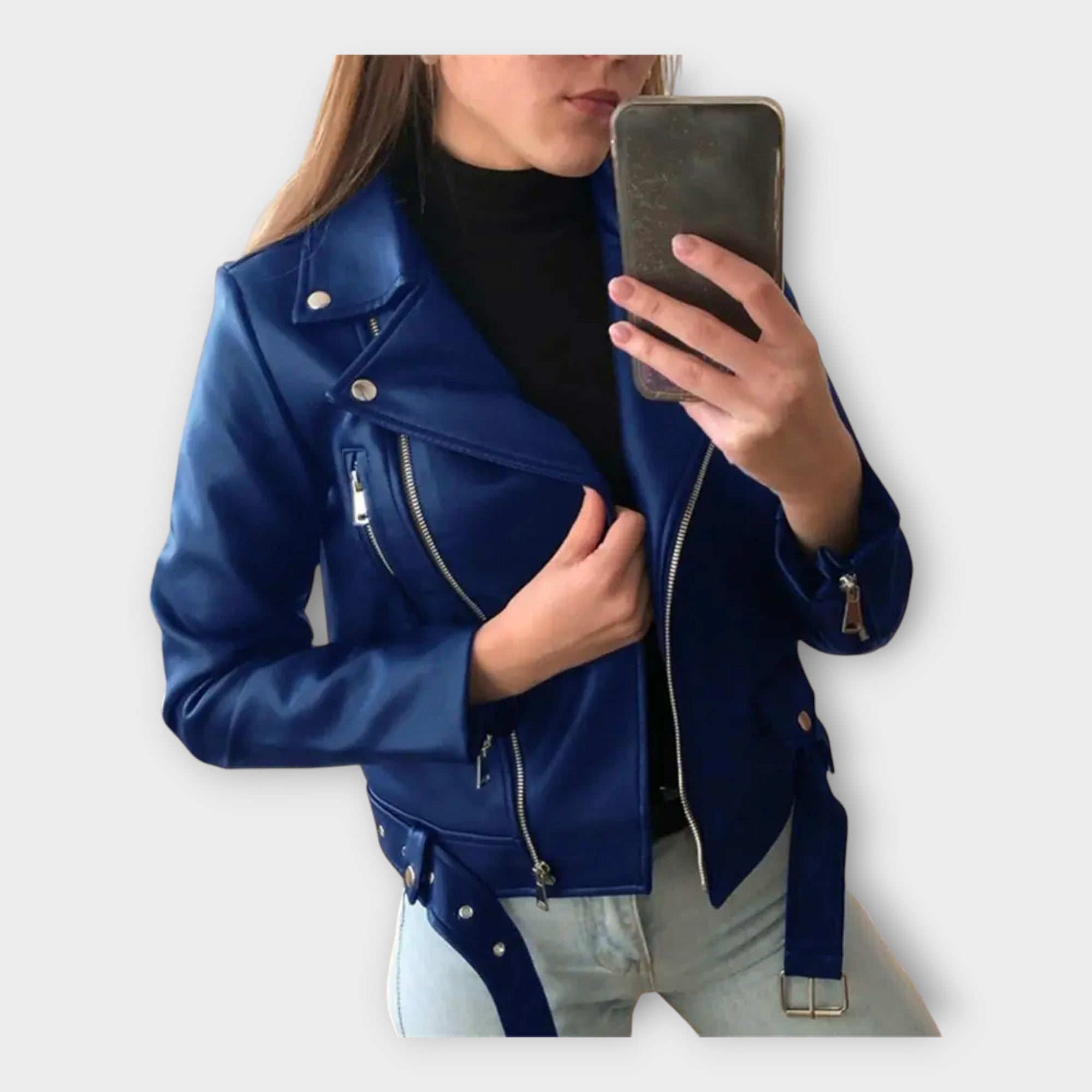 Moderne Lederjacke mit Gürtel und Reißverschluss