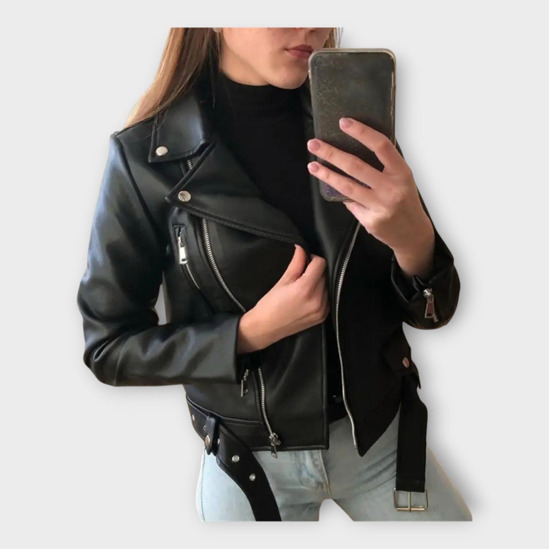 Elisa – Moderne Lederjacke für Damen mit Gürtel und Reißverschluss – Ansicht 3