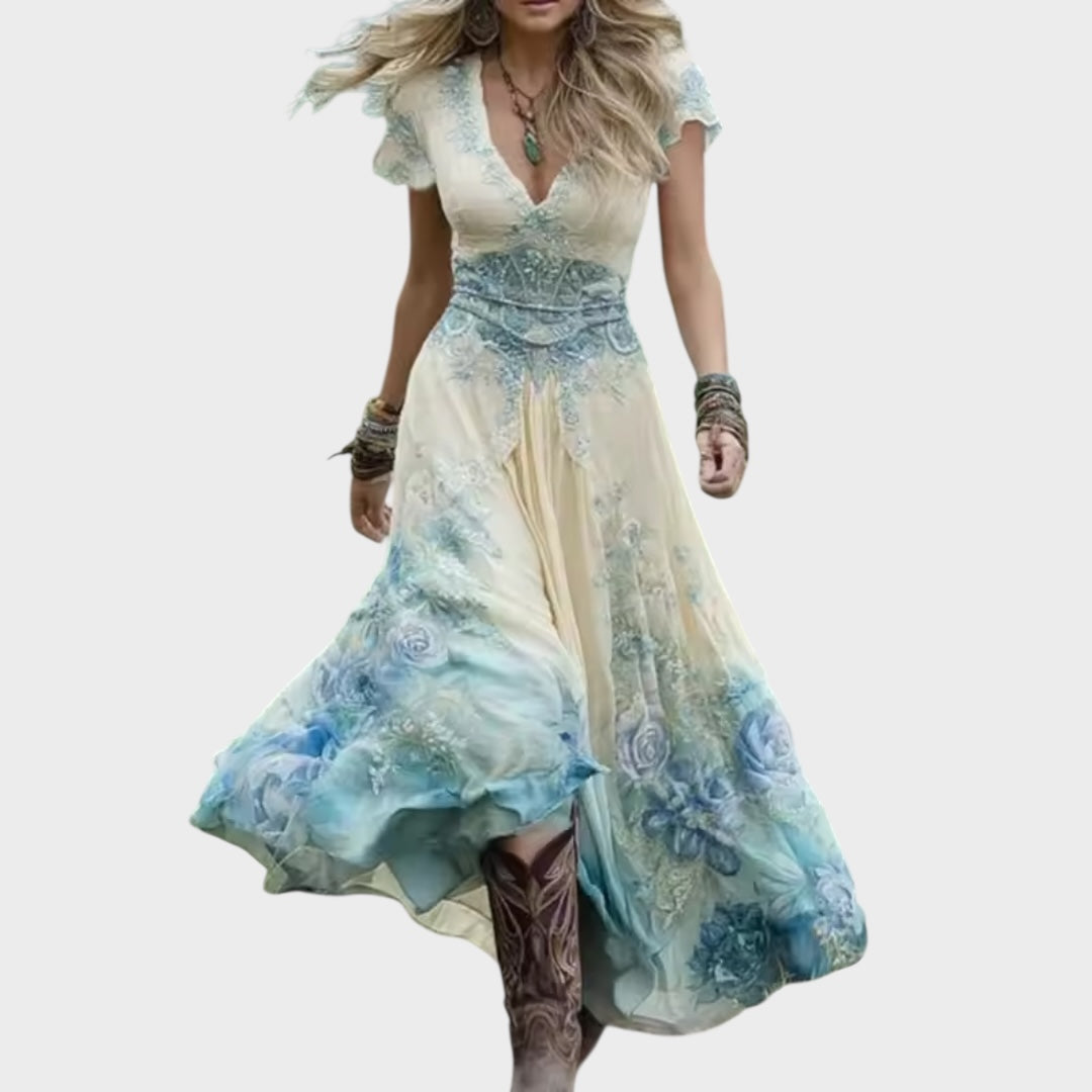 Celestine – Figurbetontes fließendes Blumenkleid für Damen – Ansicht 2