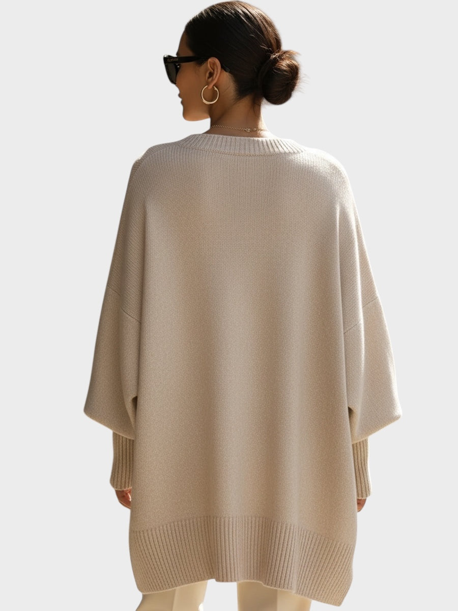 Beiger Strickponcho-Pullover für Damen in weiter Passform – Ansicht 4