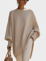 Beiger Strickponcho-Pullover für Damen in weiter Passform