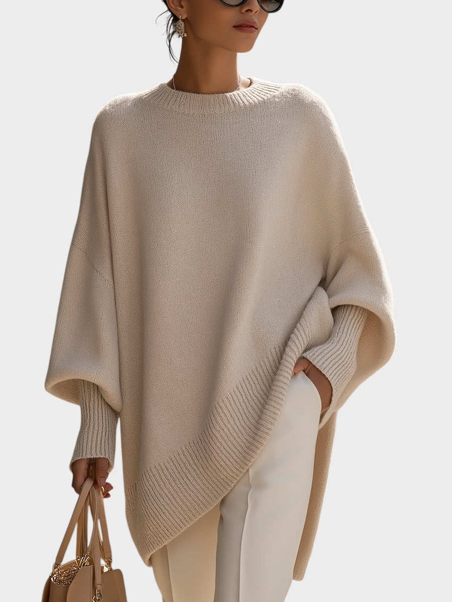 Beiger Strickponcho-Pullover für Damen in weiter Passform