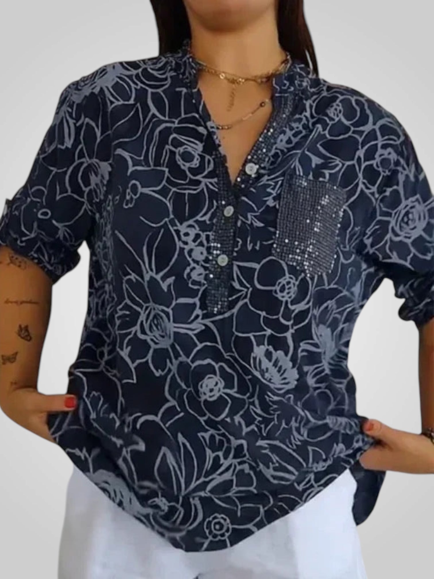 Daria – Bedruckte Bluse für Damen mit Blumenmuster und V-Ausschnitt – Ansicht 2