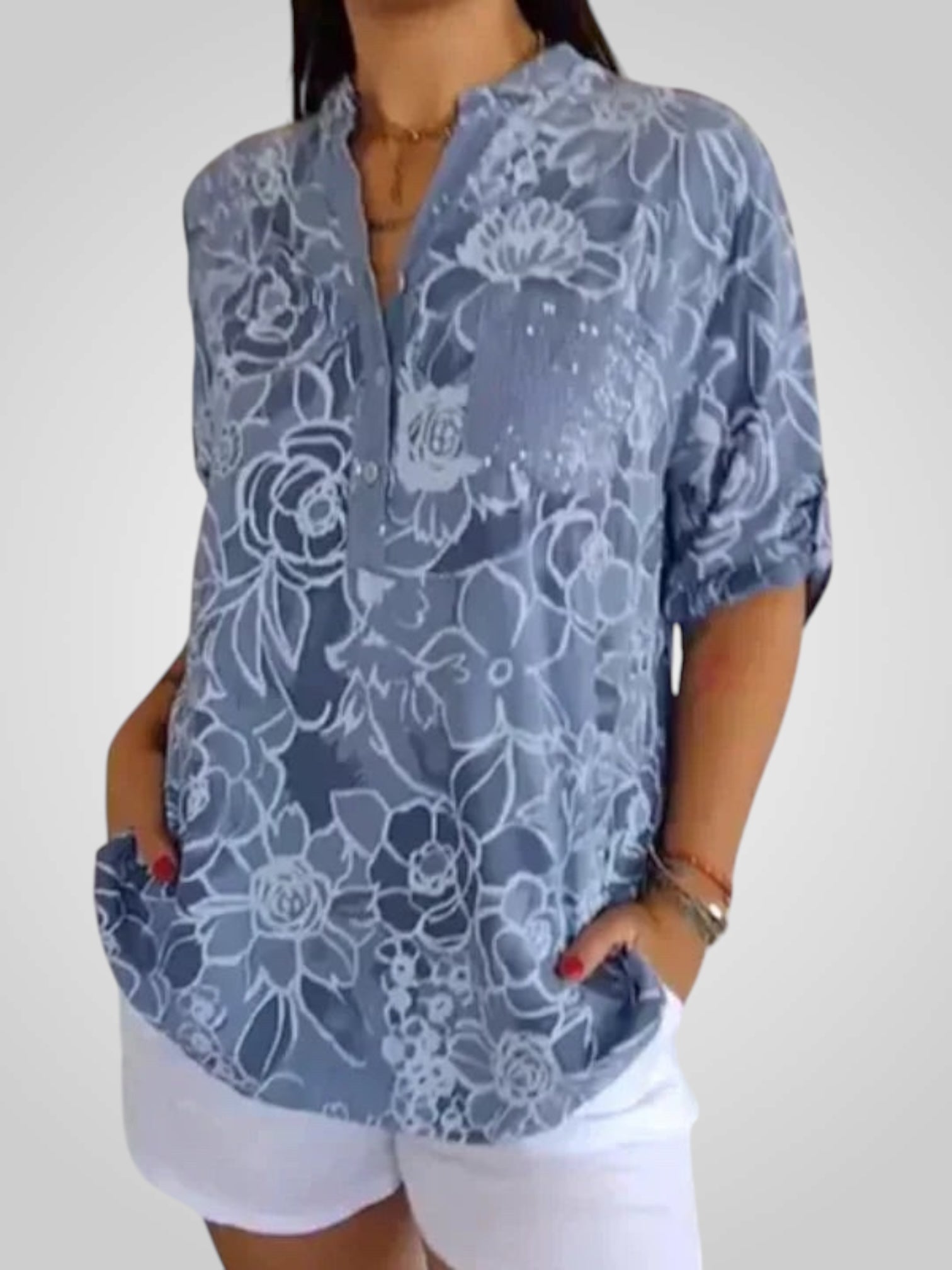 Daria – Bedruckte Bluse für Damen mit Blumenmuster und V-Ausschnitt – Ansicht 5
