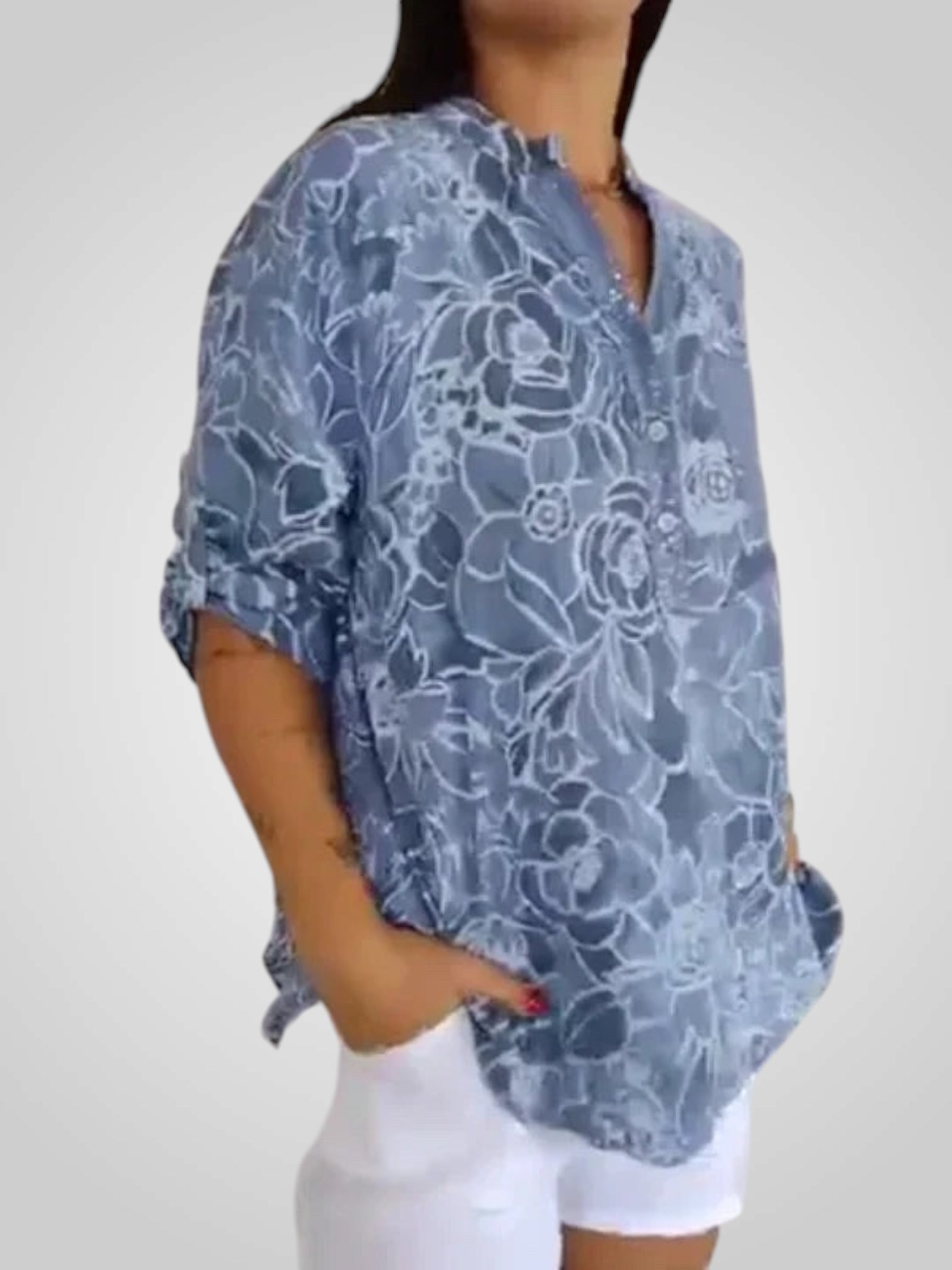 Daria – Bedruckte Bluse für Damen mit Blumenmuster und V-Ausschnitt – Ansicht 6