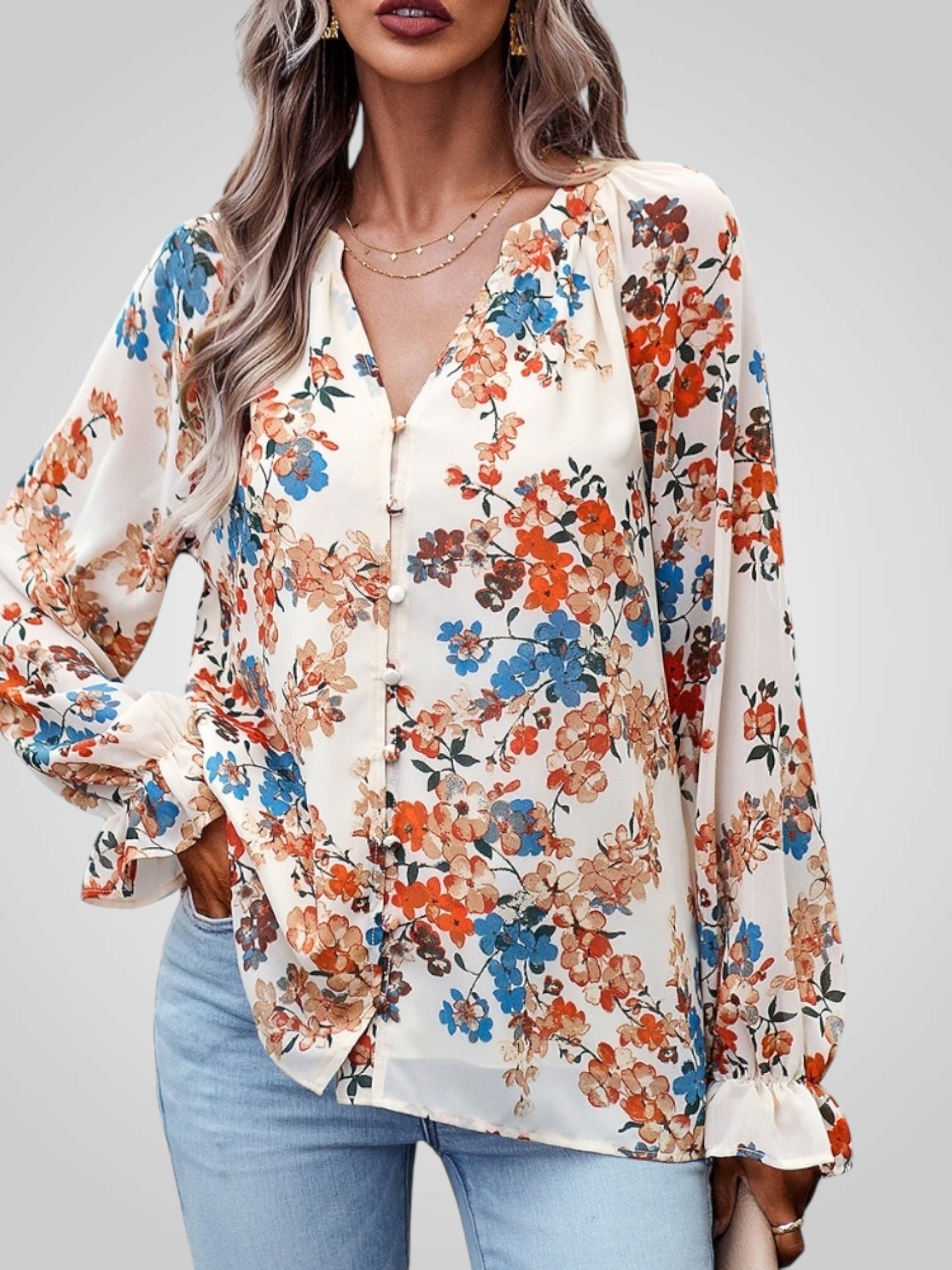 Kira – Elegante Chiffonbluse für Damen mit V-Ausschnitt und Blumenmuster