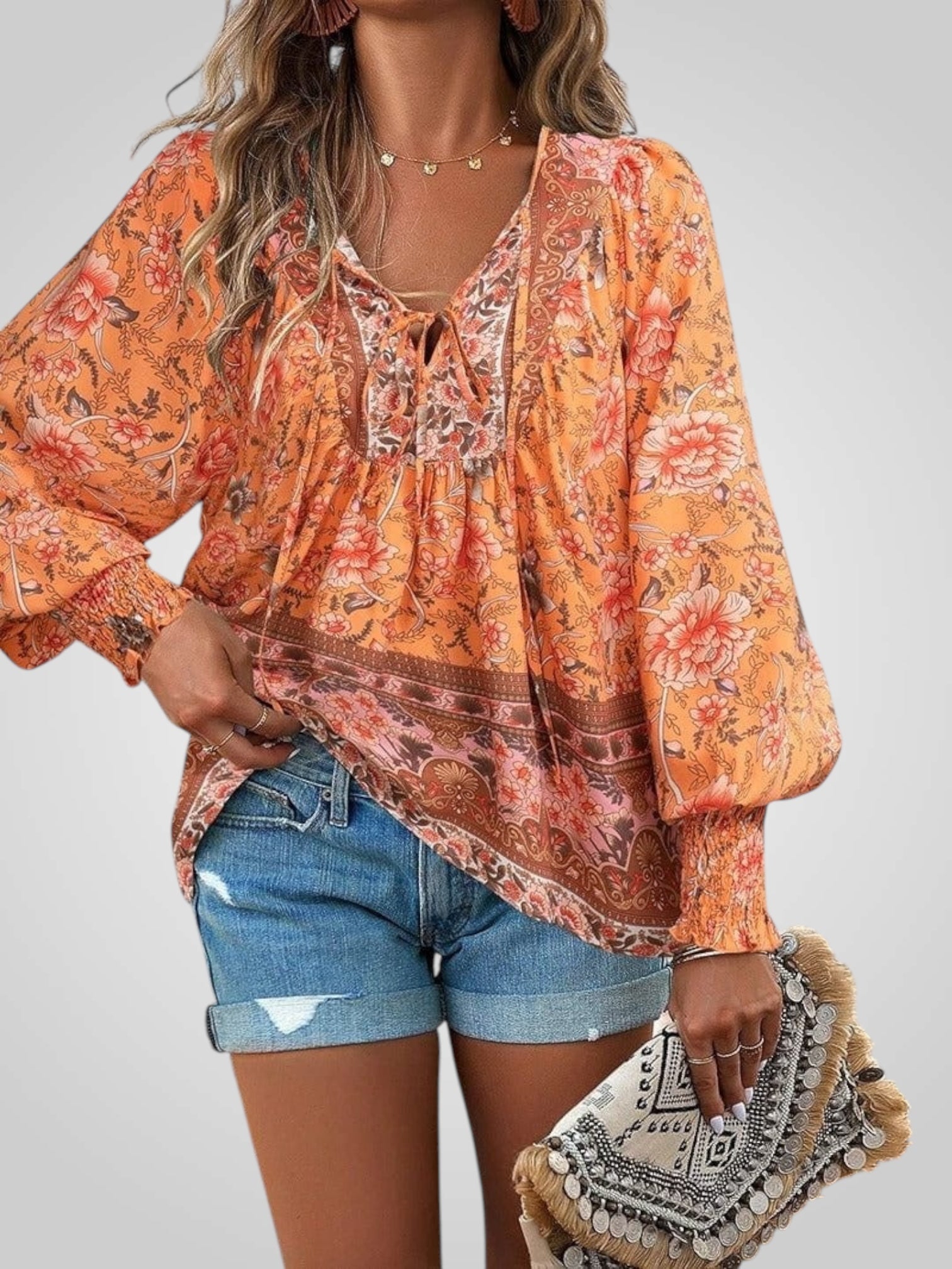 Hoya – Boho-Bluse für Damen mit Blumenmuster und Puffärmeln – Ansicht 2