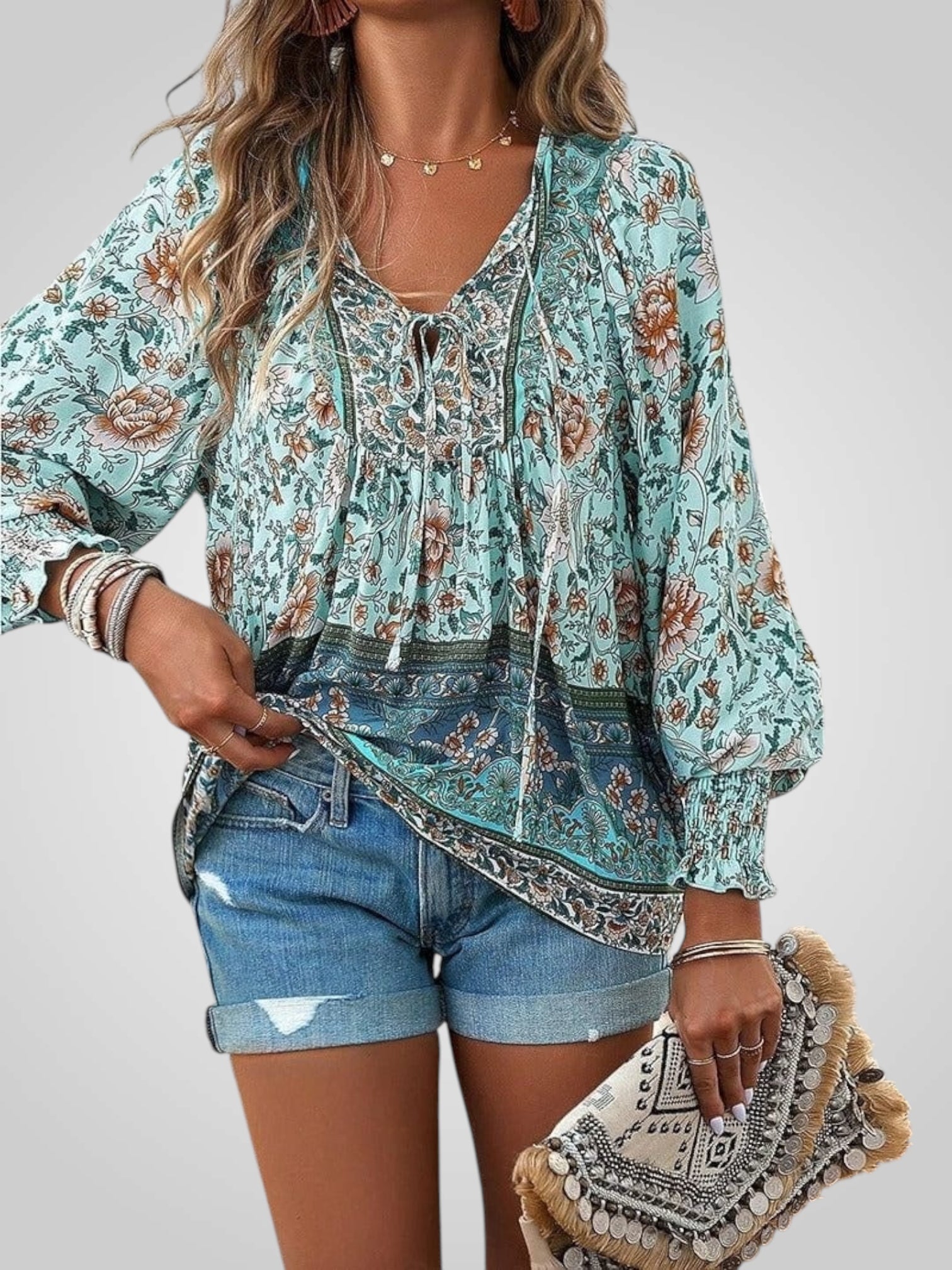 Hoya – Boho-Bluse für Damen mit Blumenmuster und Puffärmeln – Ansicht 7