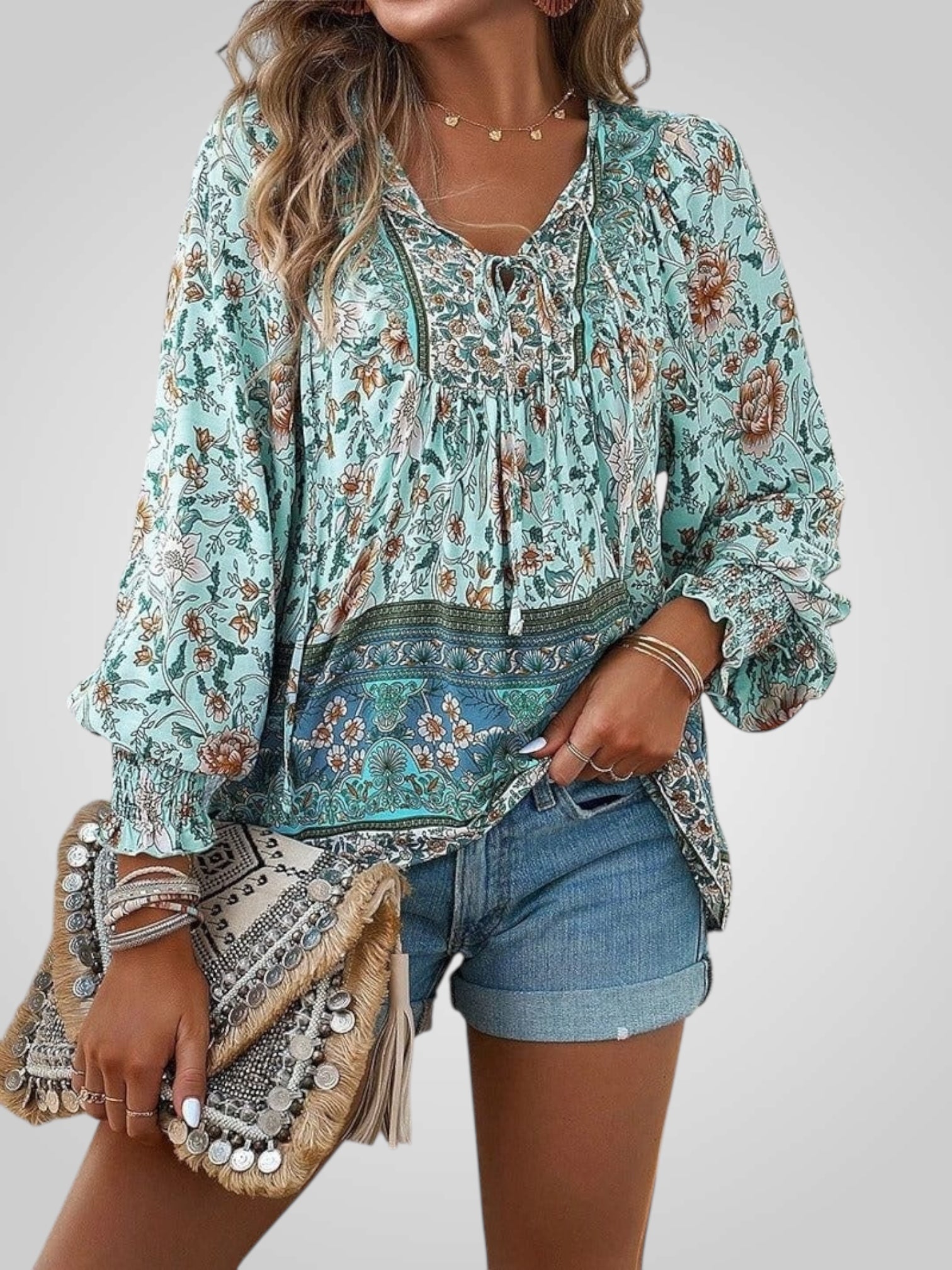 Hoya – Boho-Bluse für Damen mit Blumenmuster und Puffärmeln – Ansicht 9