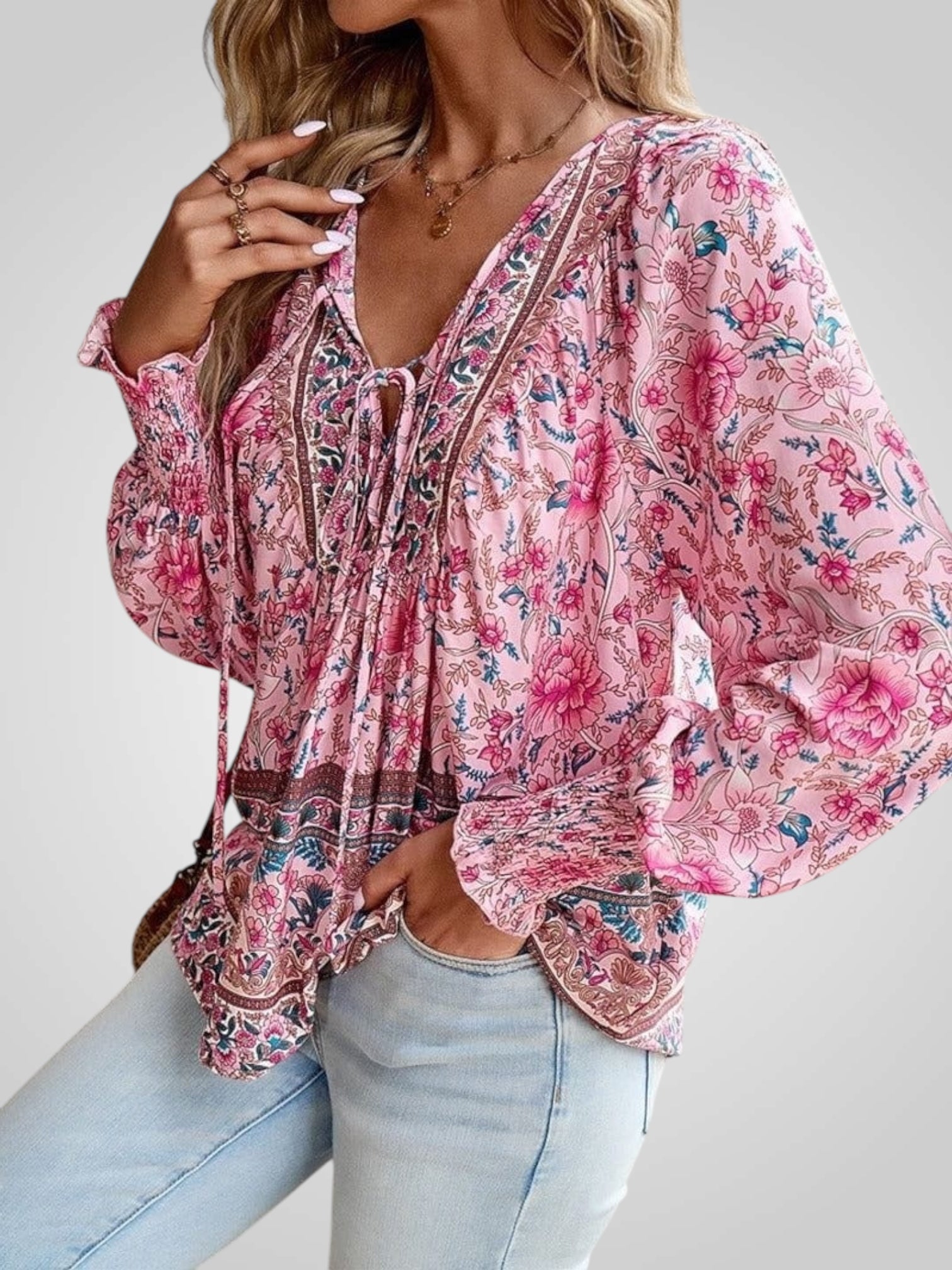 Hoya – Boho-Bluse für Damen mit Blumenmuster und Puffärmeln – Ansicht 5
