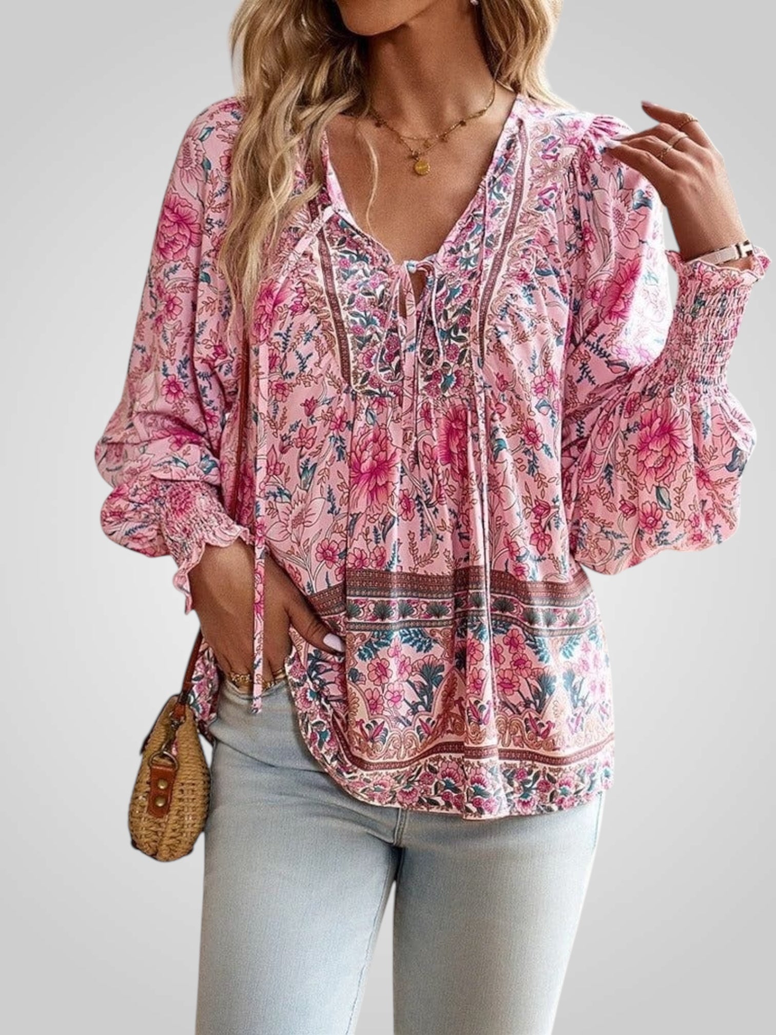 Hoya – Boho-Bluse für Damen mit Blumenmuster und Puffärmeln