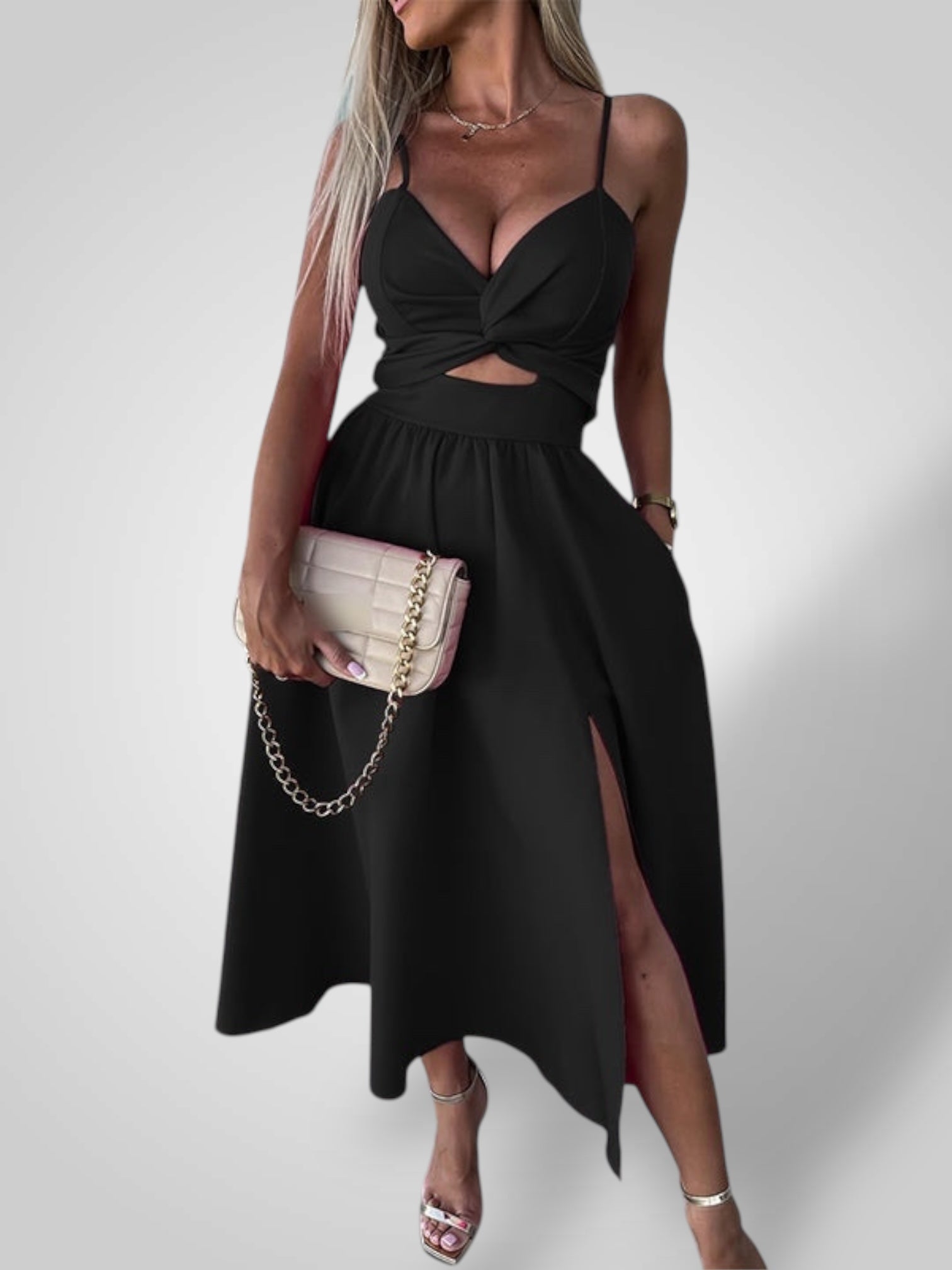 Evi – Midikleid für Damen mit dünnen Trägern und hohem Schlitz