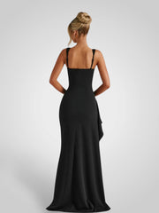 Loravel – Schwarzes Satin-Maxikleid mit Schlitz – Ansicht 3