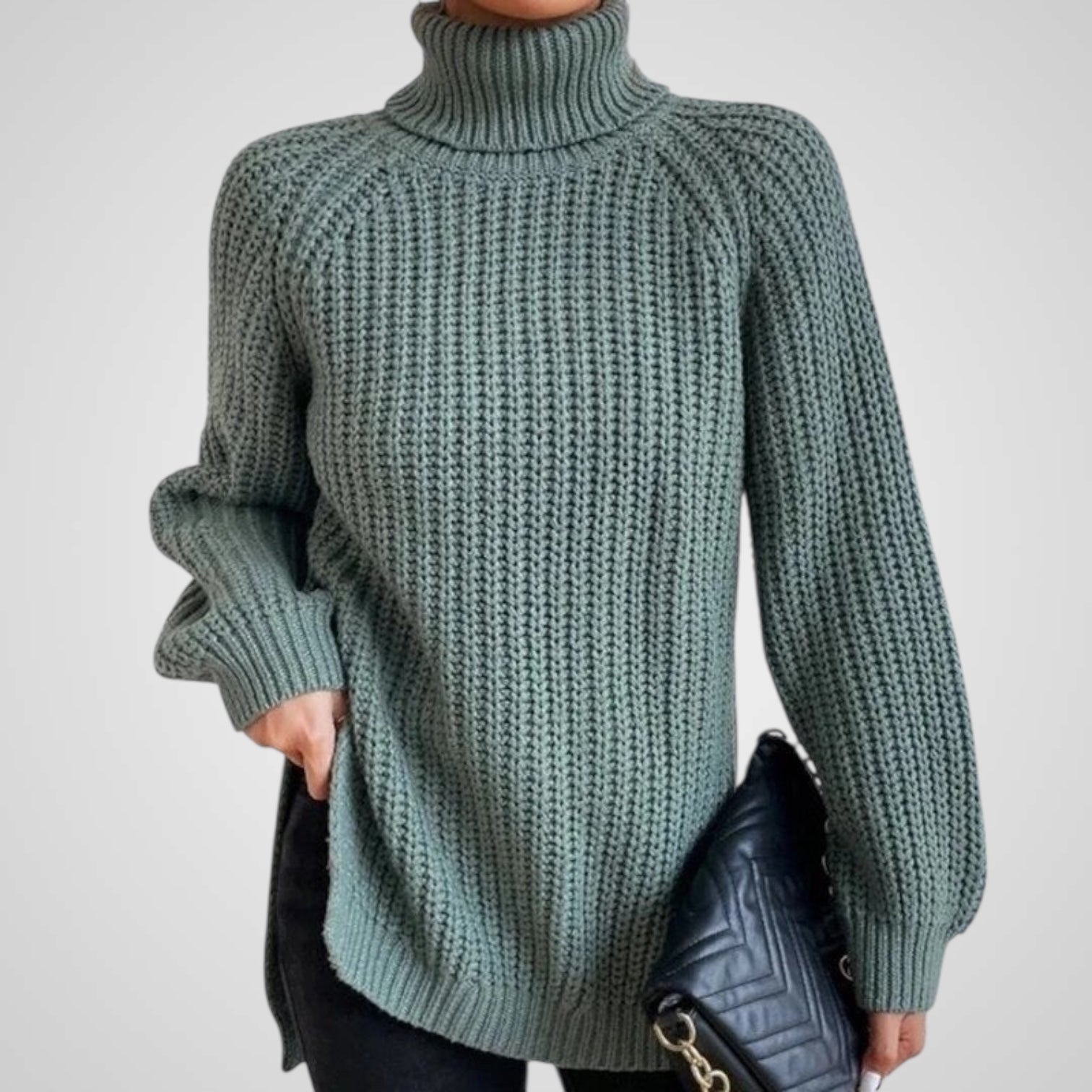 Gerippter Damen-Rollkragenpullover mit Schlitzsaum