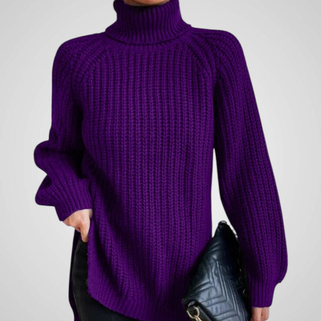 Gerippter Damen-Rollkragenpullover mit Schlitz