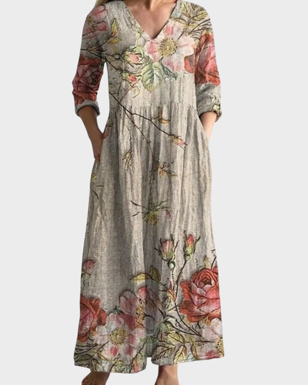 Langes Retro-Damenkleid mit Blumenmuster – Ansicht 3