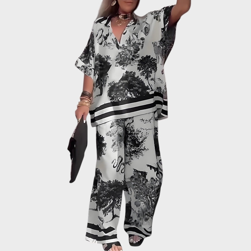 Bedrucktes Damen-Set aus Bluse mit V-Ausschnitt und langer Hose – Ansicht 5
