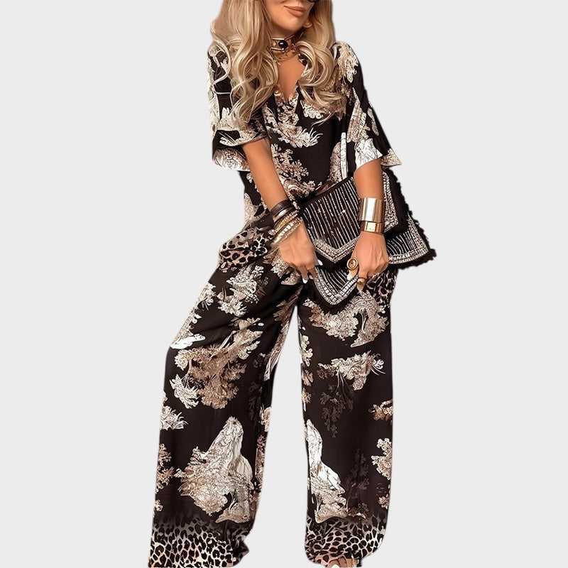Bedrucktes Damen-Set aus Bluse mit V-Ausschnitt und langer Hose