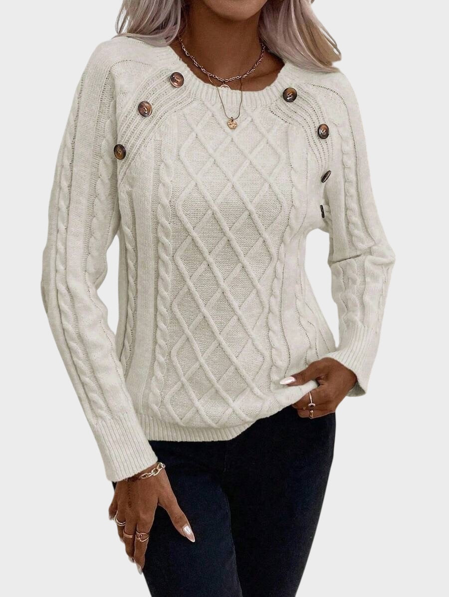 Clara – Strickpullover für Damen mit Knöpfen und Zopfmuster – Ansicht 9