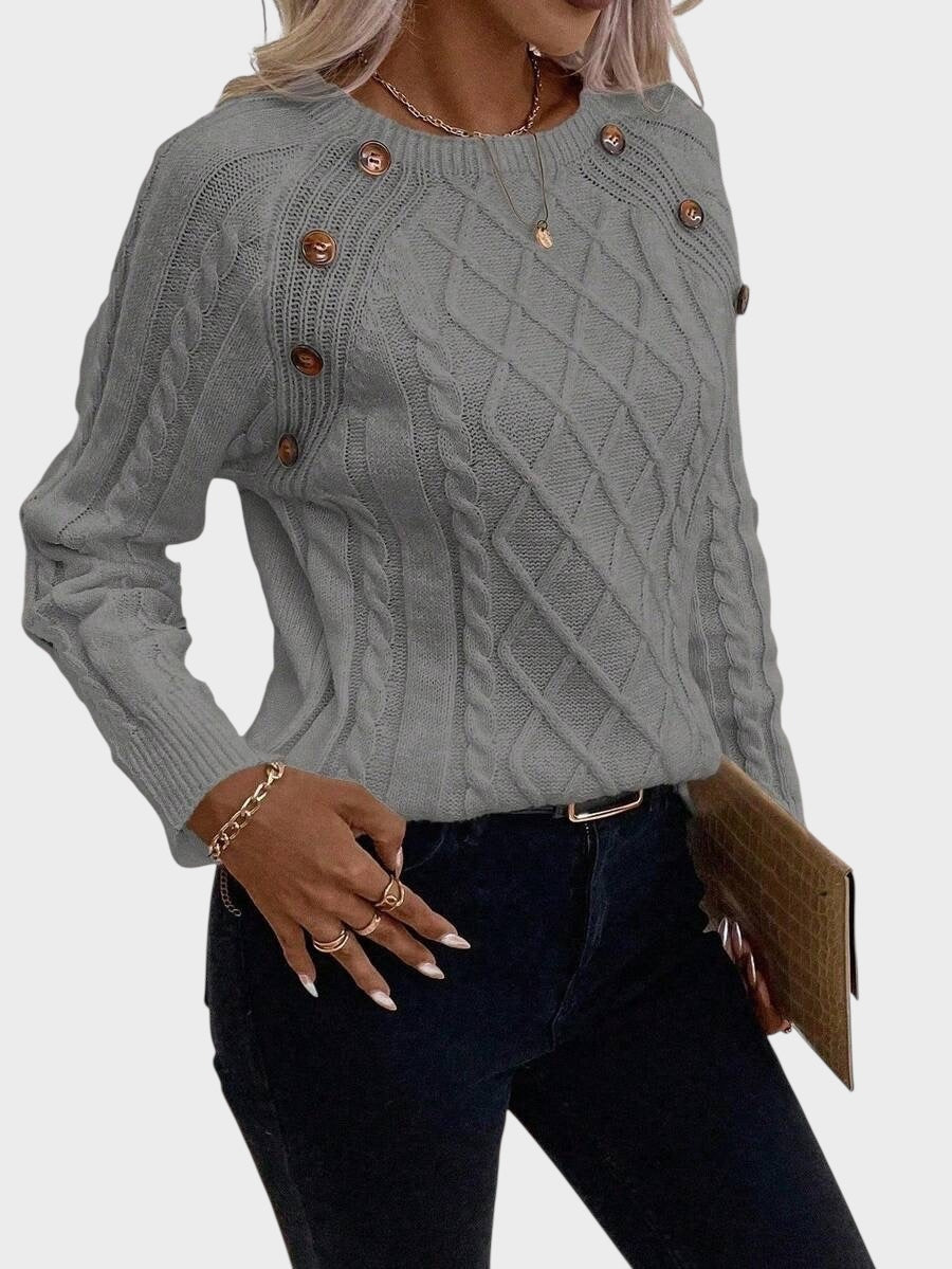 Clara – Strickpullover für Damen mit Knöpfen und Zopfmuster – Ansicht 6