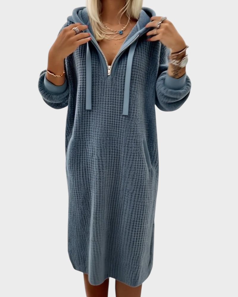 Lässiges Strick-Sweatshirtkleid für Damen mit Kapuze und Wabenmuster – Ansicht 4