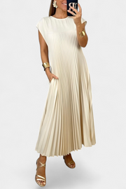 Manuela – Ärmelloses Damenkleid mit Falten und hoher Taille